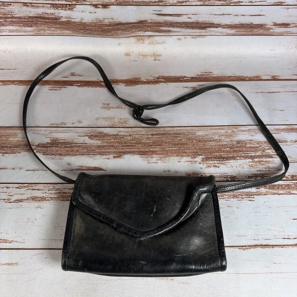 Julia Duren Crossbody Vintage Rainguard Leather Black Envelope Bag